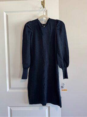 Maison Tara Navy Blue Puff-Sleeve Knit Midi Dress Small